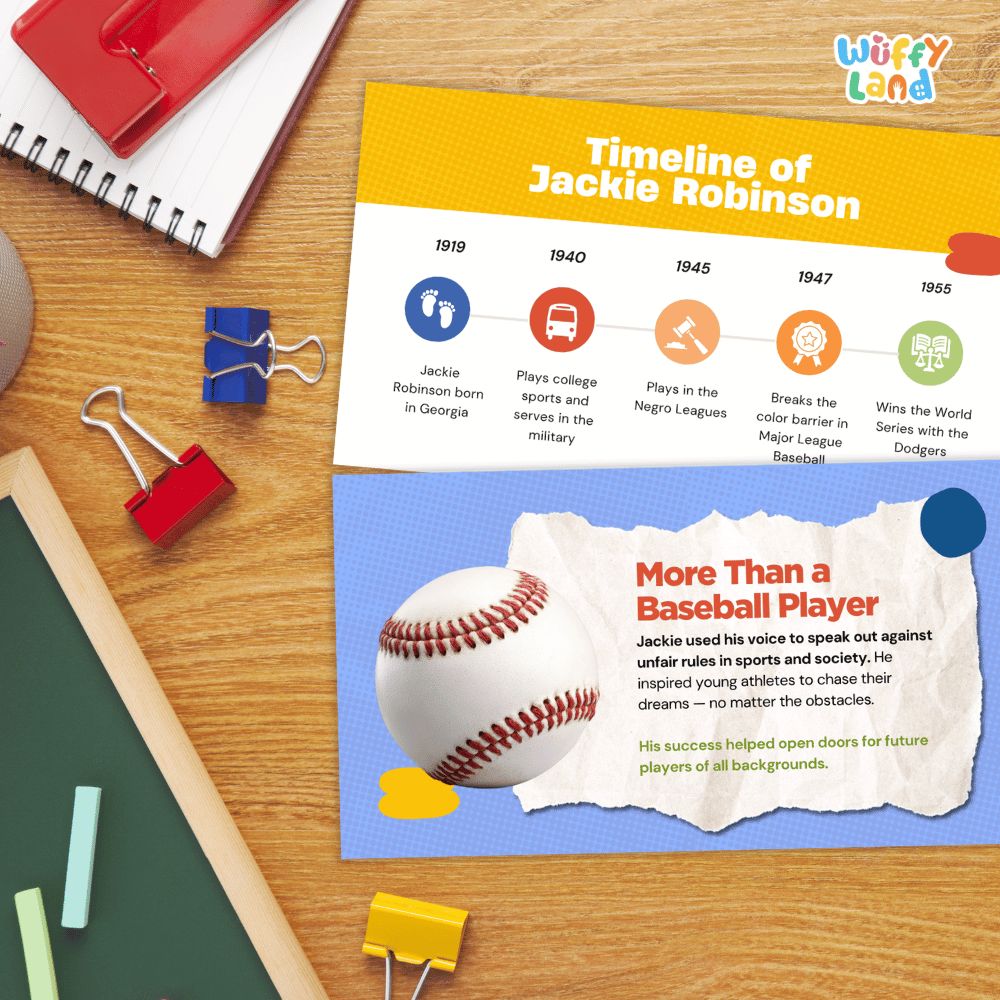 A printed educational poster titled 'Timeline of Jackie Robinson' laid on a wooden desk, surrounded by school supplies including a spiral notebook, binder clips, chalk, and a ruler. The poster has a yellow top section with timeline markers and text, and a blue lower section with a baseball graphic and additional text.