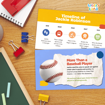A printed educational poster titled 'Timeline of Jackie Robinson' laid on a wooden desk, surrounded by school supplies including a spiral notebook, binder clips, chalk, and a ruler. The poster has a yellow top section with timeline markers and text, and a blue lower section with a baseball graphic and additional text.