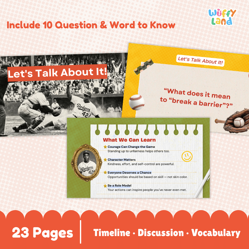 Promotional graphic for a baseball-themed educational activity book titled 'Let's Talk About It!'. The design features a light pink and white checkered background with red text highlighting 'Include 10 Question & Word to Know' and '23 Pages | Timeline • Discussion • Vocabulary'.
