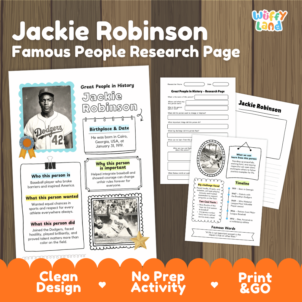 Jackie Robinson Famous People Research Page Worksheets and Biography Activity