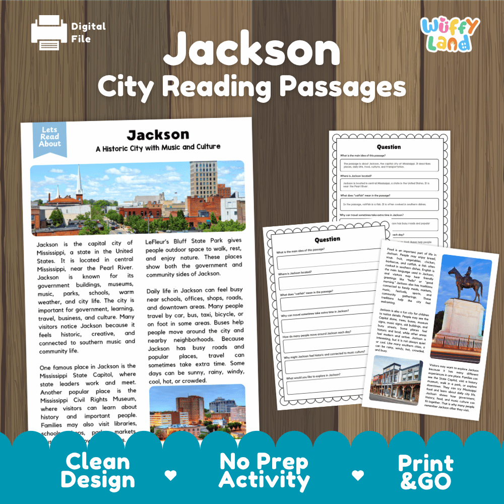 Jackson city reading passages and comprehension worksheet educational unit featuring nonfiction text and authentic Jackson Mississippi skyline photography