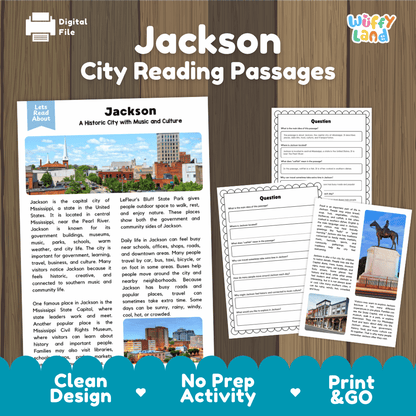Jackson city reading passages and comprehension worksheet educational unit featuring nonfiction text and authentic Jackson Mississippi skyline photography