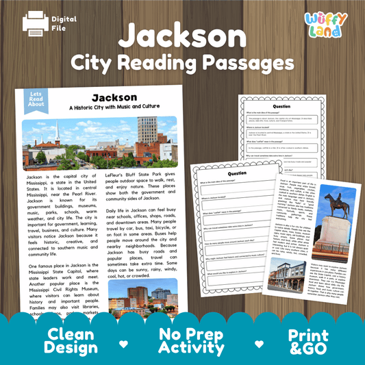 Jackson city reading passages and comprehension worksheet educational unit featuring nonfiction text and authentic Jackson Mississippi skyline photography