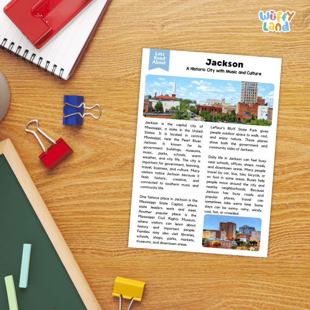 Lined reading comprehension question worksheet covering main ideas vocabulary terms and landmark facts about Jackson Mississippi