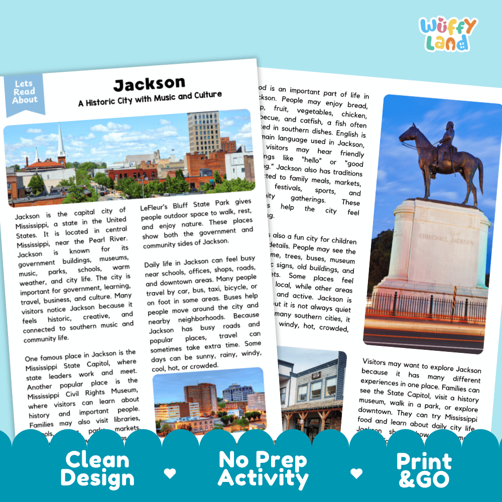 Reference sheet and answer key for Jackson landmark reading passage displaying completed comprehension answers and United States geography facts