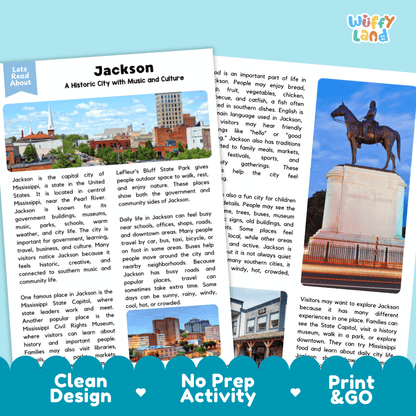 Reference sheet and answer key for Jackson landmark reading passage displaying completed comprehension answers and United States geography facts