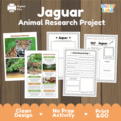 Digital download activity sheet set titled 'Jaguar Animal Research Project' on a wood background, showing printable pages and a cover card with a jaguar photo. Brand logo 'Witty Land' appears in the top right.