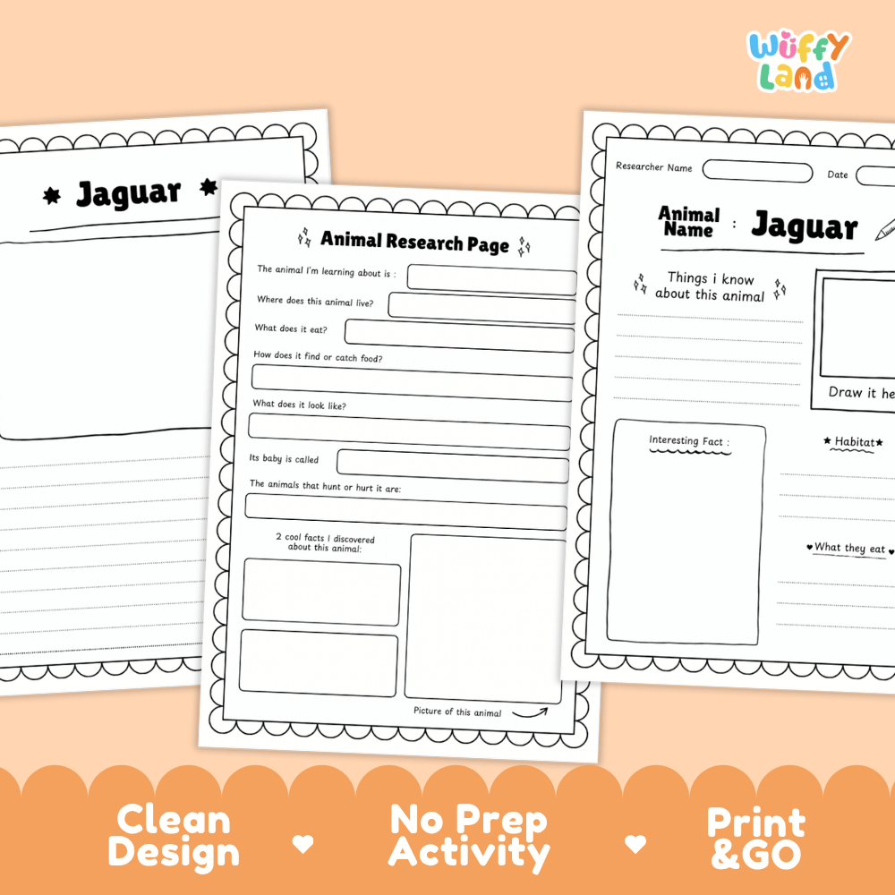 Three printable animal research activity sheets for 'Jaguar' displayed on a peach background with an orange banner at the bottom. The sheets are black and white with text fields, labels, and drawing boxes.