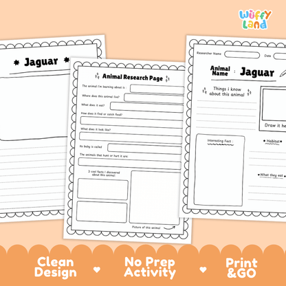 Three printable animal research activity sheets for 'Jaguar' displayed on a peach background with an orange banner at the bottom. The sheets are black and white with text fields, labels, and drawing boxes.