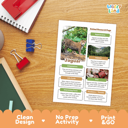 An educational animal research page about a Jaguar, printed on a white sheet and styled on a wooden desk with school supplies. The page features a leopard photo, text sections, and colorful headers.