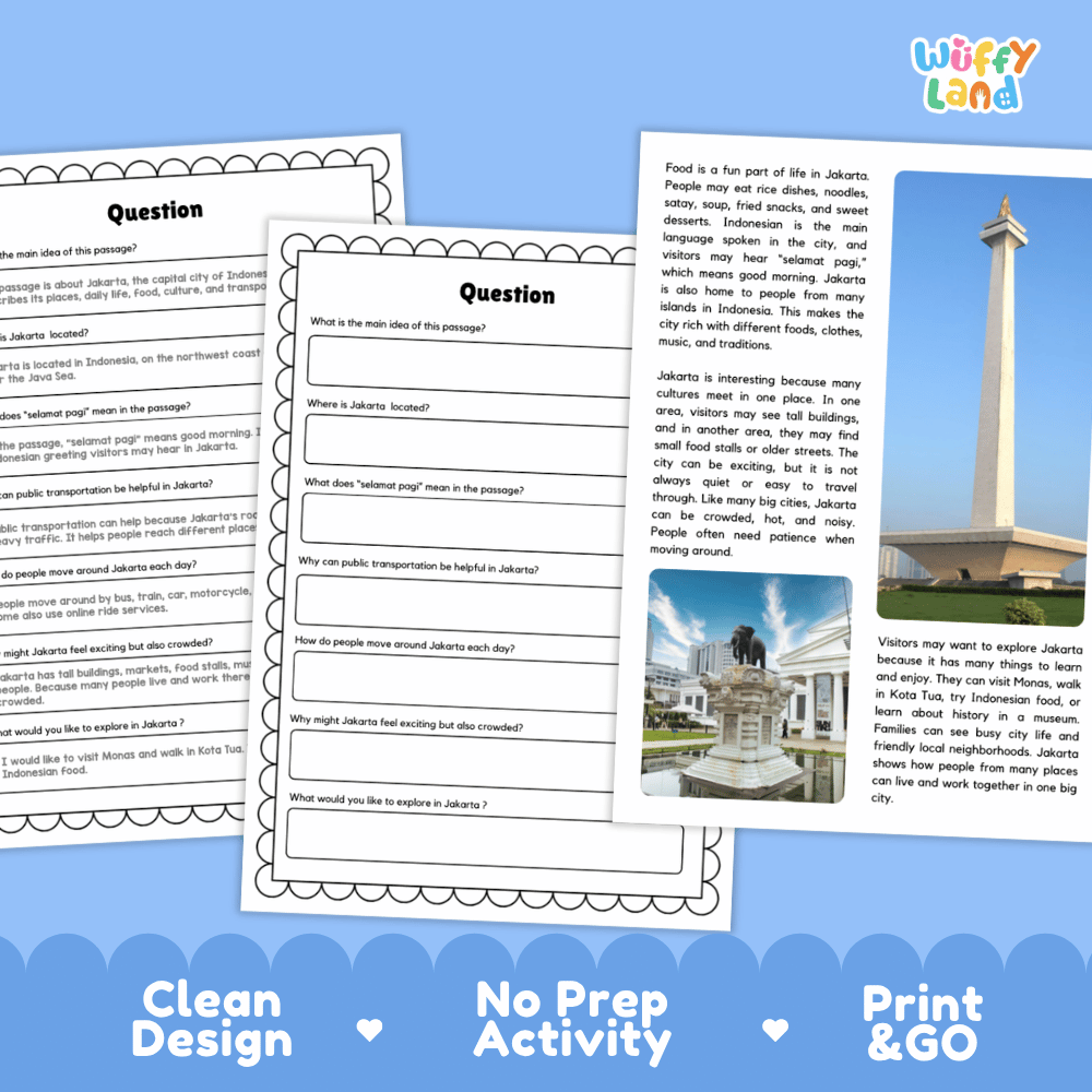 Student reading passage titled A Big City by the Sea detailing Jakarta Indonesia Monas Kota Tua Ancol public transit and city photography