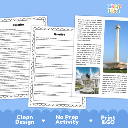 Student reading passage titled A Big City by the Sea detailing Jakarta Indonesia Monas Kota Tua Ancol public transit and city photography