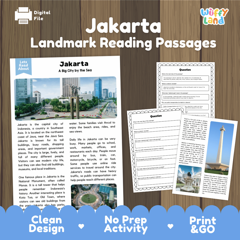Jakarta landmark reading passage and comprehension worksheet educational unit featuring nonfiction text and authentic Indonesian cityscape photography
