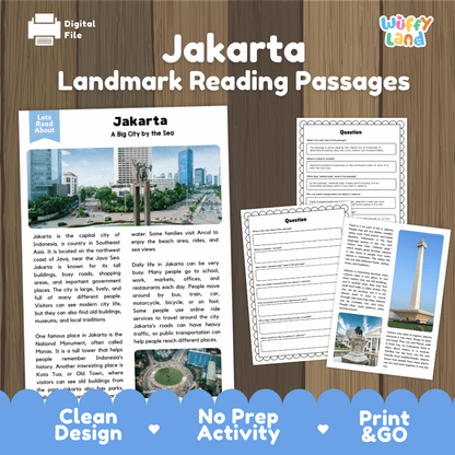 Jakarta landmark reading passage and comprehension worksheet educational unit featuring nonfiction text and authentic Indonesian cityscape photography