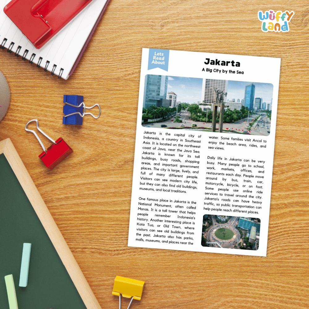 Lined reading comprehension question worksheet covering main ideas vocabulary terms and landmark facts about Jakarta Indonesia