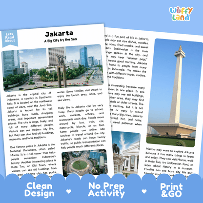 Reference sheet and answer key for Jakarta landmark reading passage displaying completed comprehension answers and Southeast Asian geography facts