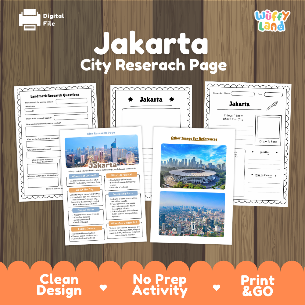 Digital preview of a Jakarta city research page activity sheet set by Wiffy Land, displayed on a wood background with orange banner text at the bottom.