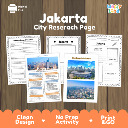 Digital preview of a Jakarta city research page activity sheet set by Wiffy Land, displayed on a wood background with orange banner text at the bottom.