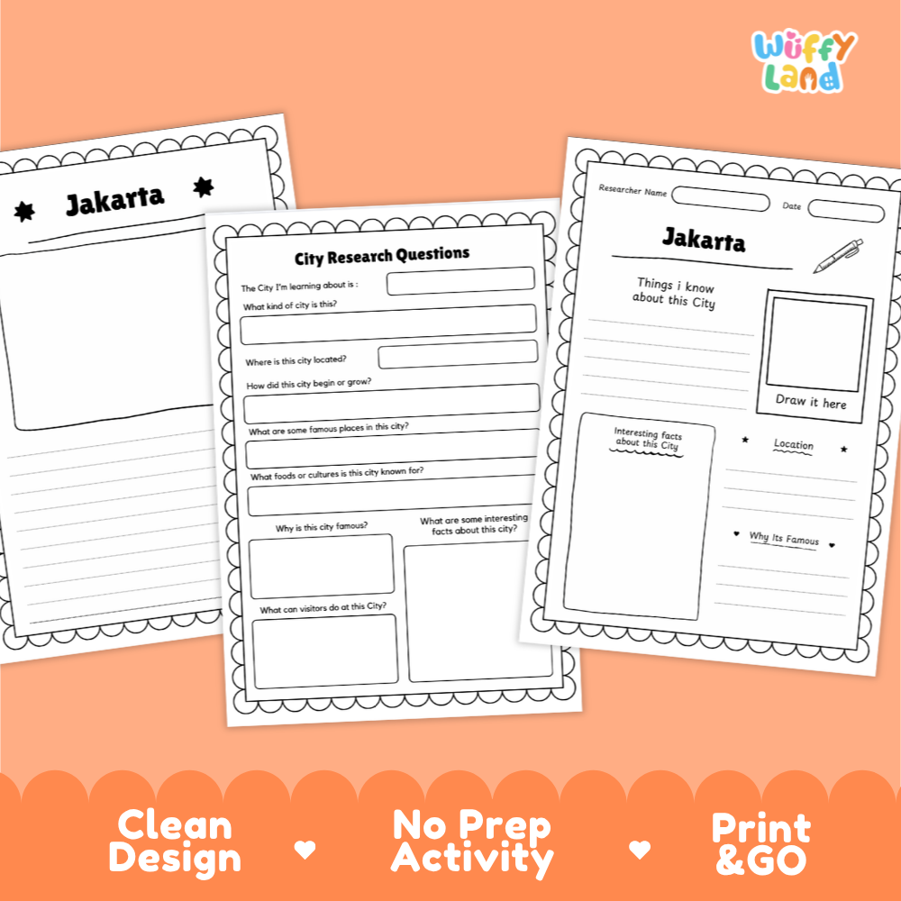 Three printable activity sheets for researching Jakarta are displayed on a peach background with decorative scalloped borders and marketing text at the bottom. The sheets include sections for city research questions, facts, drawings, and writing prompts.