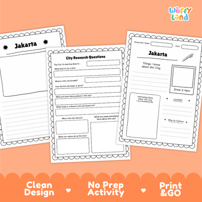 Three printable activity sheets for researching Jakarta are displayed on a peach background with decorative scalloped borders and marketing text at the bottom. The sheets include sections for city research questions, facts, drawings, and writing prompts.