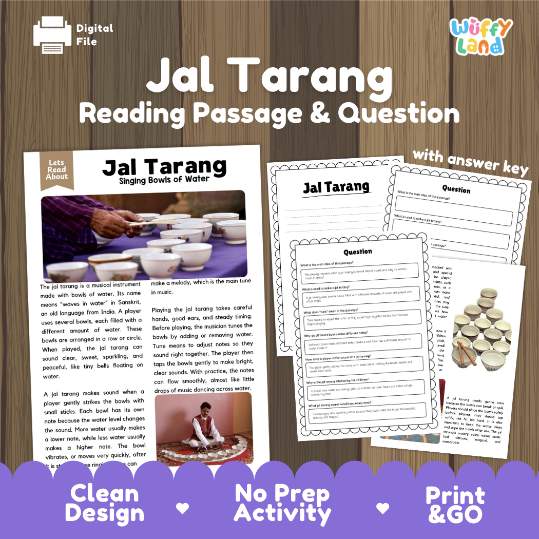 Jal Tarang reading comprehension passage and questions printable activity pack with answer key for elementary students