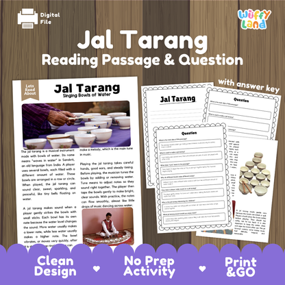 Jal Tarang reading comprehension passage and questions printable activity pack with answer key for elementary students
