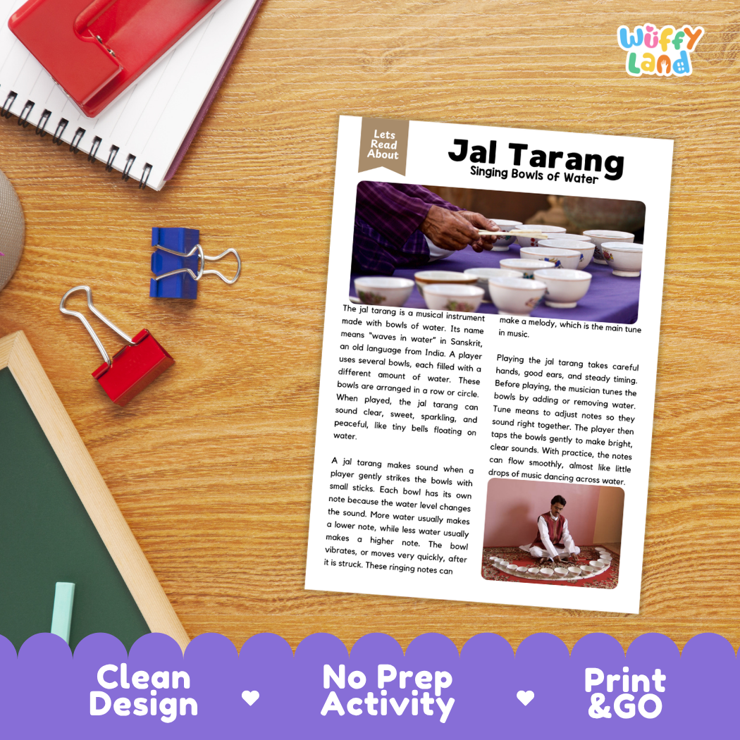 Student reading comprehension worksheet with short-answer questions and lined sections about the jal tarang instrument