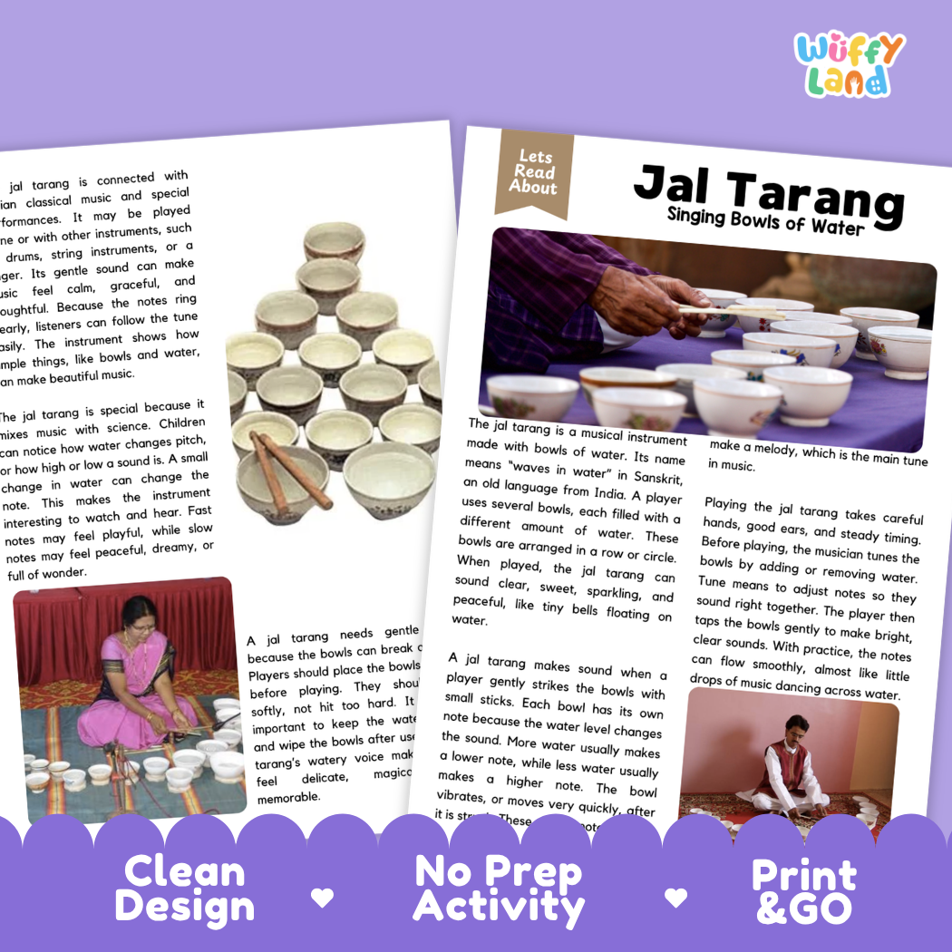 Teacher answer key page showing complete question solutions for Jal Tarang music education reading comprehension practice
