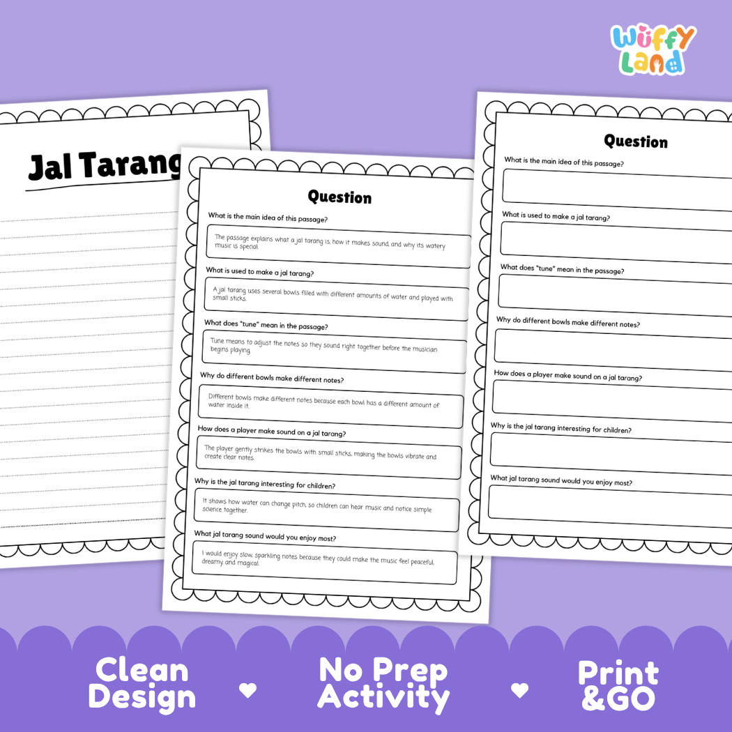 Informational reading passage page detailing the jal tarang percussion instrument water bowls pitch sticks and care with photos