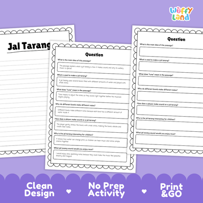 Informational reading passage page detailing the jal tarang percussion instrument water bowls pitch sticks and care with photos