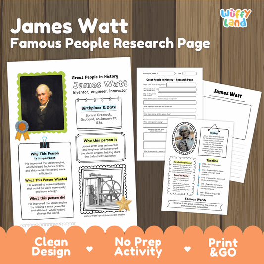 A digital product preview for a 'James Watt Famous People Research Page' activity sheet by Wiffly Land, displayed on a dark wood background with an orange banner at the bottom.