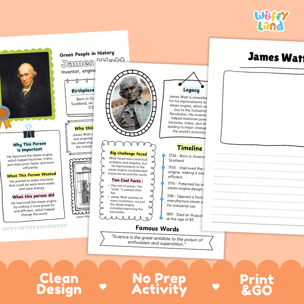 Two educational activity sheets about James Watt displayed on a white background with an orange decorative footer. The sheets feature colorful text boxes, timelines, and a portrait of James Watt.