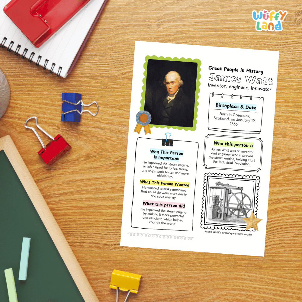 A printed educational worksheet about James Watt laid on a wooden desk, surrounded by school supplies including a red notebook, blue and red binder clips, chalk, and a green board. The worksheet has a portrait photo, text boxes, and labeled sections about Watt.