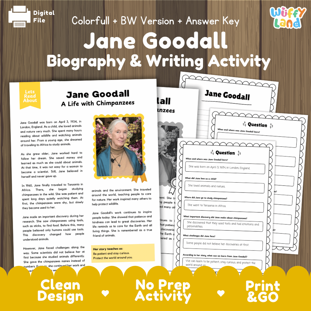 Digital printable activity sheet set for Jane Goodall Biography & Writing, shown as overlapping printed pages on a wood background with promotional text banners. The sheets include a biography text page with a portrait photo and writing prompts.