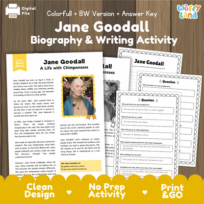 Digital printable activity sheet set for Jane Goodall Biography & Writing, shown as overlapping printed pages on a wood background with promotional text banners. The sheets include a biography text page with a portrait photo and writing prompts.