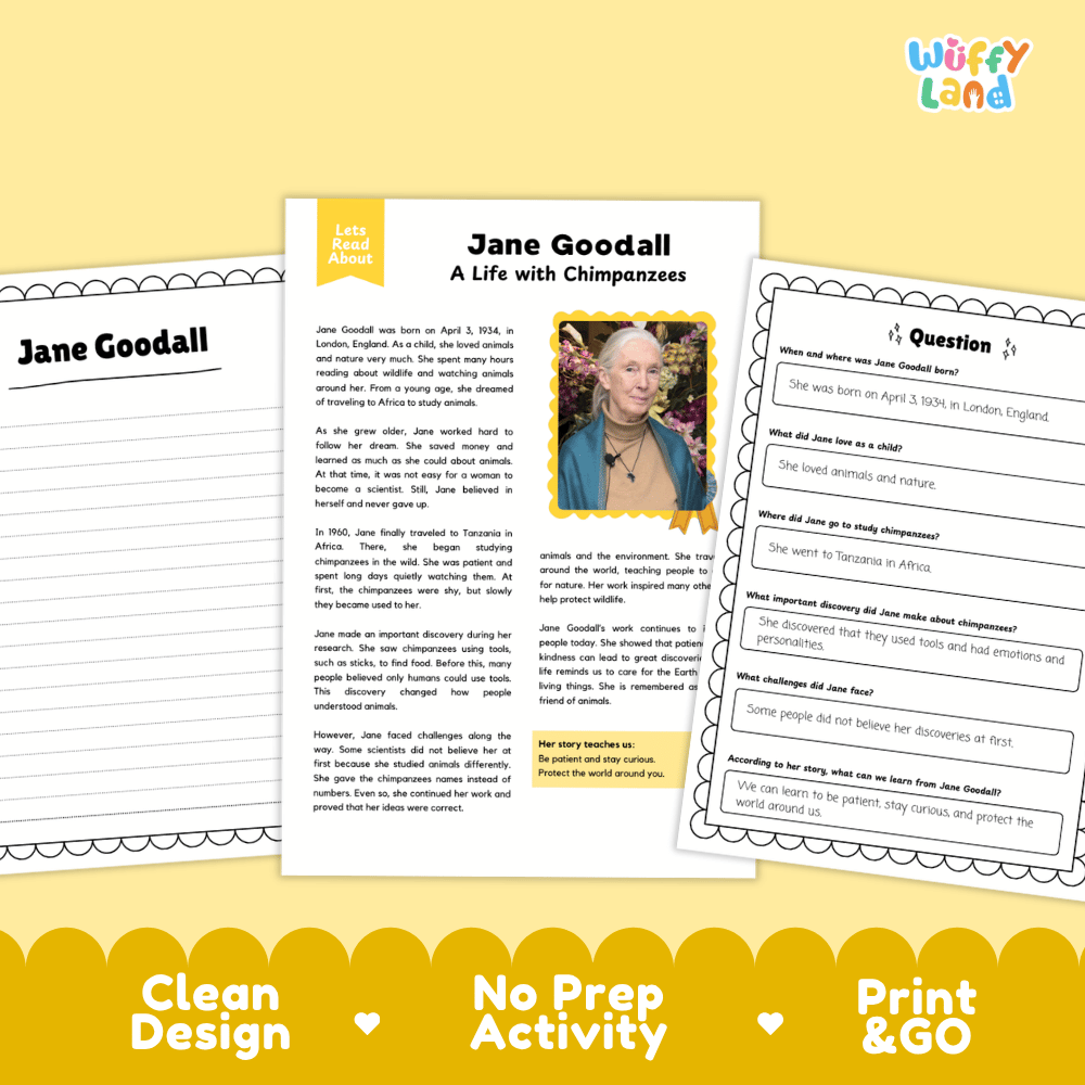 Three printable educational worksheet pages for a children's book titled 'Jane Goodall: A Life with Chimpanzees' by Wiffle Land, displayed on a pale yellow background with a decorative yellow border.