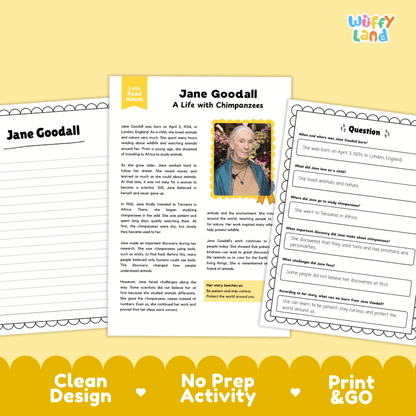 Three printable educational worksheet pages for a children's book titled 'Jane Goodall: A Life with Chimpanzees' by Wiffle Land, displayed on a pale yellow background with a decorative yellow border.