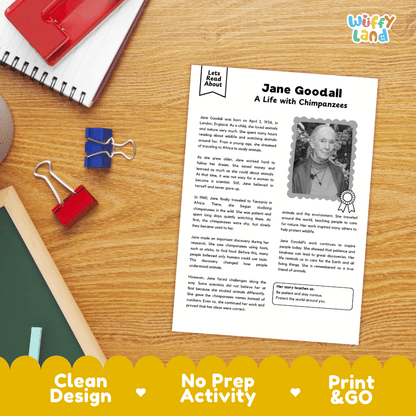 A printed educational activity sheet titled 'Jane Goodall: A Life with Chimpanzees' laid on a wooden desk with notebooks, clips, and pens around it. The sheet includes a portrait photo, text, and a speech bubble box.