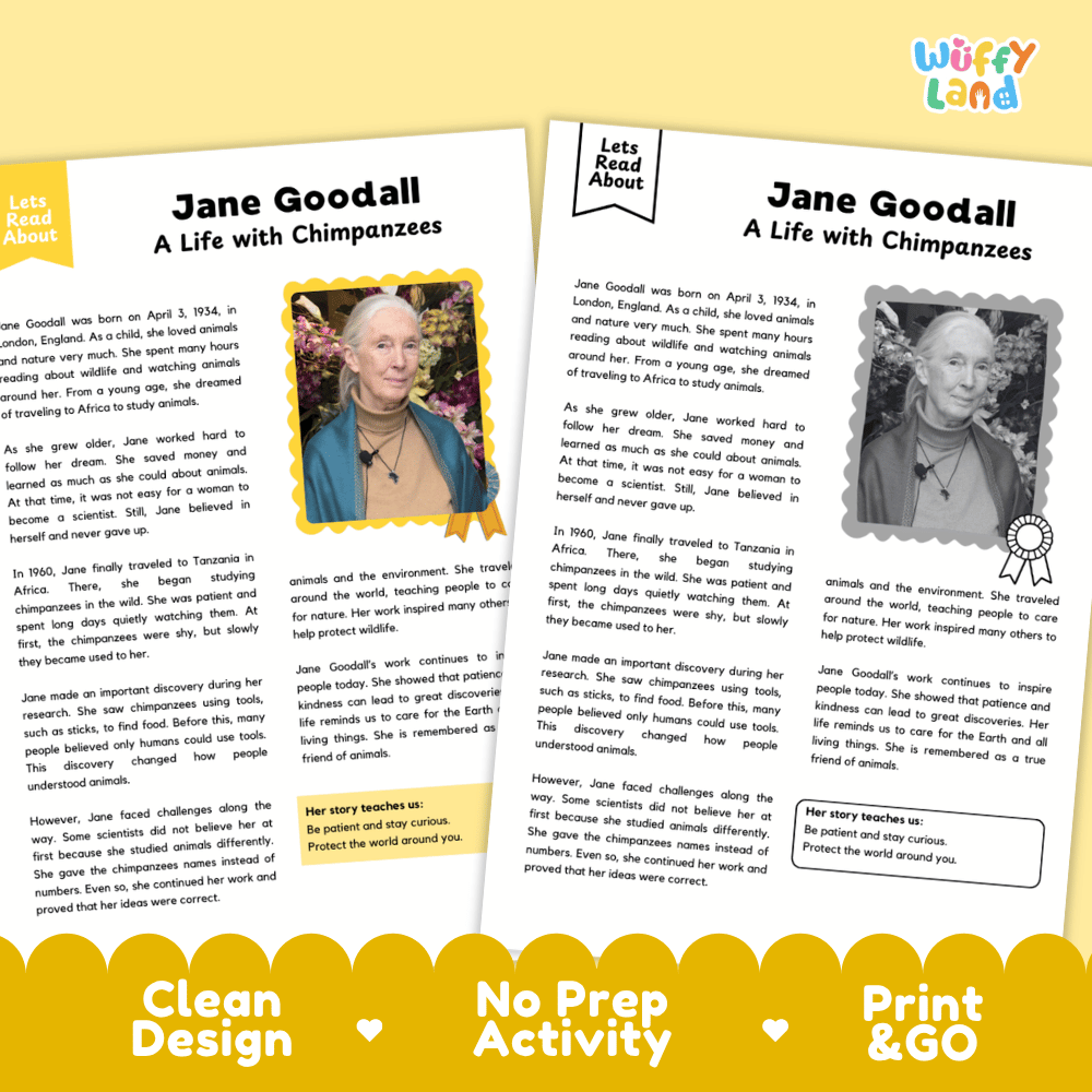 Two printable educational activity sheets titled 'Jane Goodall A Life with Chimpanzees' from 'Wuffiy Land', featuring text, photos, and a 'Let's Read' panel, with a yellow 'Print & Go' banner at the bottom.