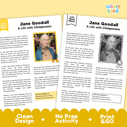 Two printable educational activity sheets titled 'Jane Goodall A Life with Chimpanzees' from 'Wuffiy Land', featuring text, photos, and a 'Let's Read' panel, with a yellow 'Print & Go' banner at the bottom.