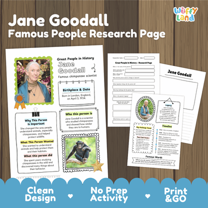 Educational worksheet set for Jane Goodall, featuring a sample research page and printable activity sheets on a wood-grain background. The brand 'Wiffly Land' is visible in the top right corner.