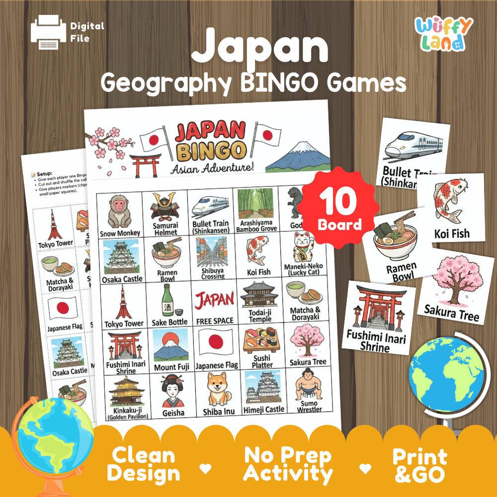 Classroom educational Bingo game cards featuring Shinkansen bullet train, sushi platter, koi fish, and Fushimi Inari shrine 🎲🍣
