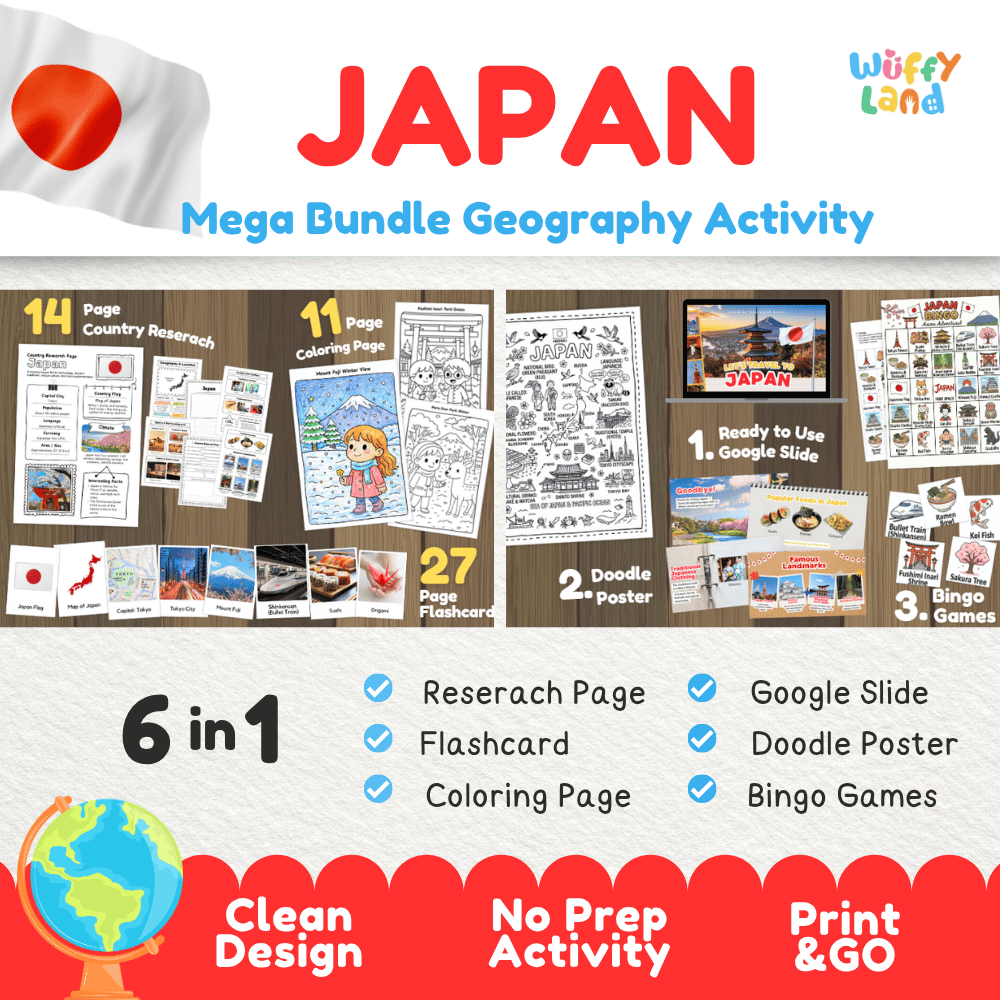 Complete Japan geography activity bundle featuring Google Slides, doodle coloring poster, and classroom bingo games 🇯🇵🎒