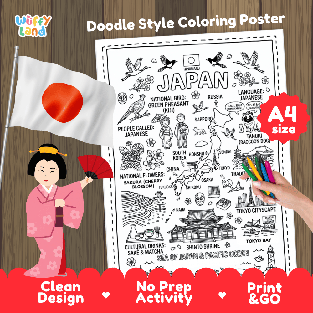 Japan country study doodle style coloring poster printable page featuring map, landmarks, and cultural symbols
