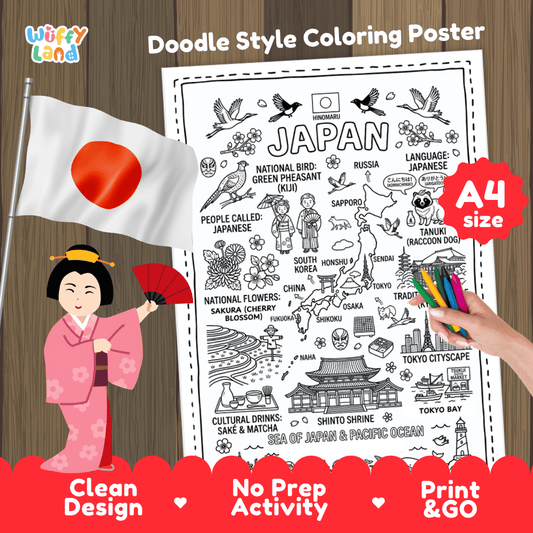Japan country study doodle style coloring poster printable page featuring map, landmarks, and cultural symbols