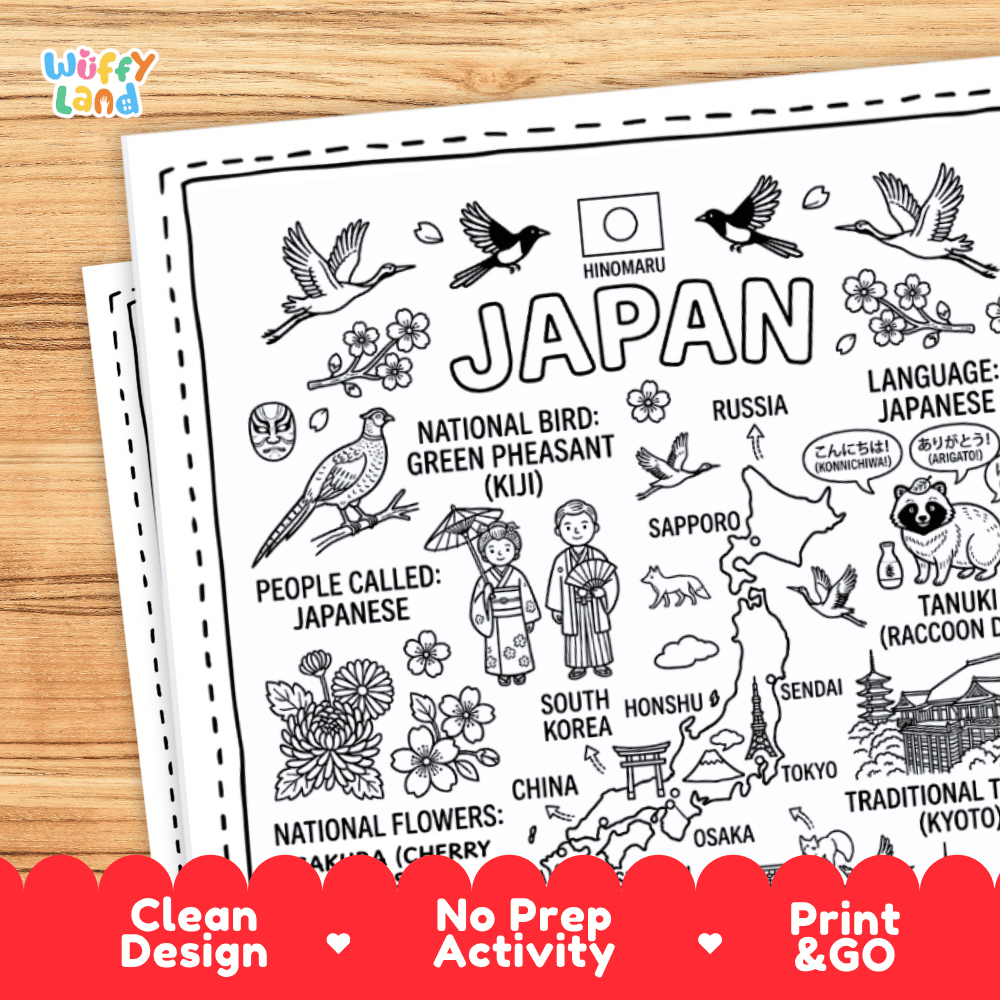 Cultural coloring page featuring traditional Japanese kimono attire, matcha tea, sake, and Japanese greeting speech bubbles
