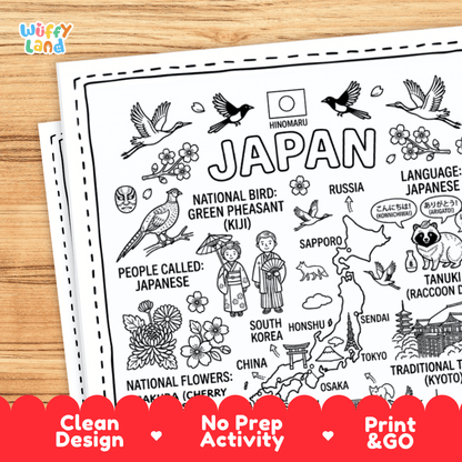 Cultural coloring page featuring traditional Japanese kimono attire, matcha tea, sake, and Japanese greeting speech bubbles