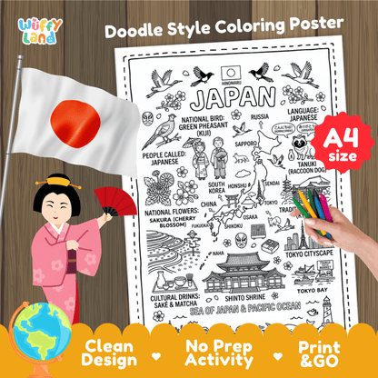 Printable A4 doodle coloring poster highlighting Japan island map, Mount Fuji, cherry blossoms, and Shinto shrine 🎨🌸