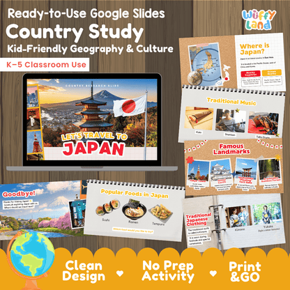 Interactive Google Slides deck displaying famous Japanese landmarks like Mount Fuji, Tokyo Tower, and popular foods 💻🏯