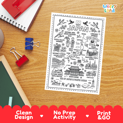 Doodle map coloring sheet showing Japan's capital Tokyo, major cities, Shinto shrines, and surrounding seas